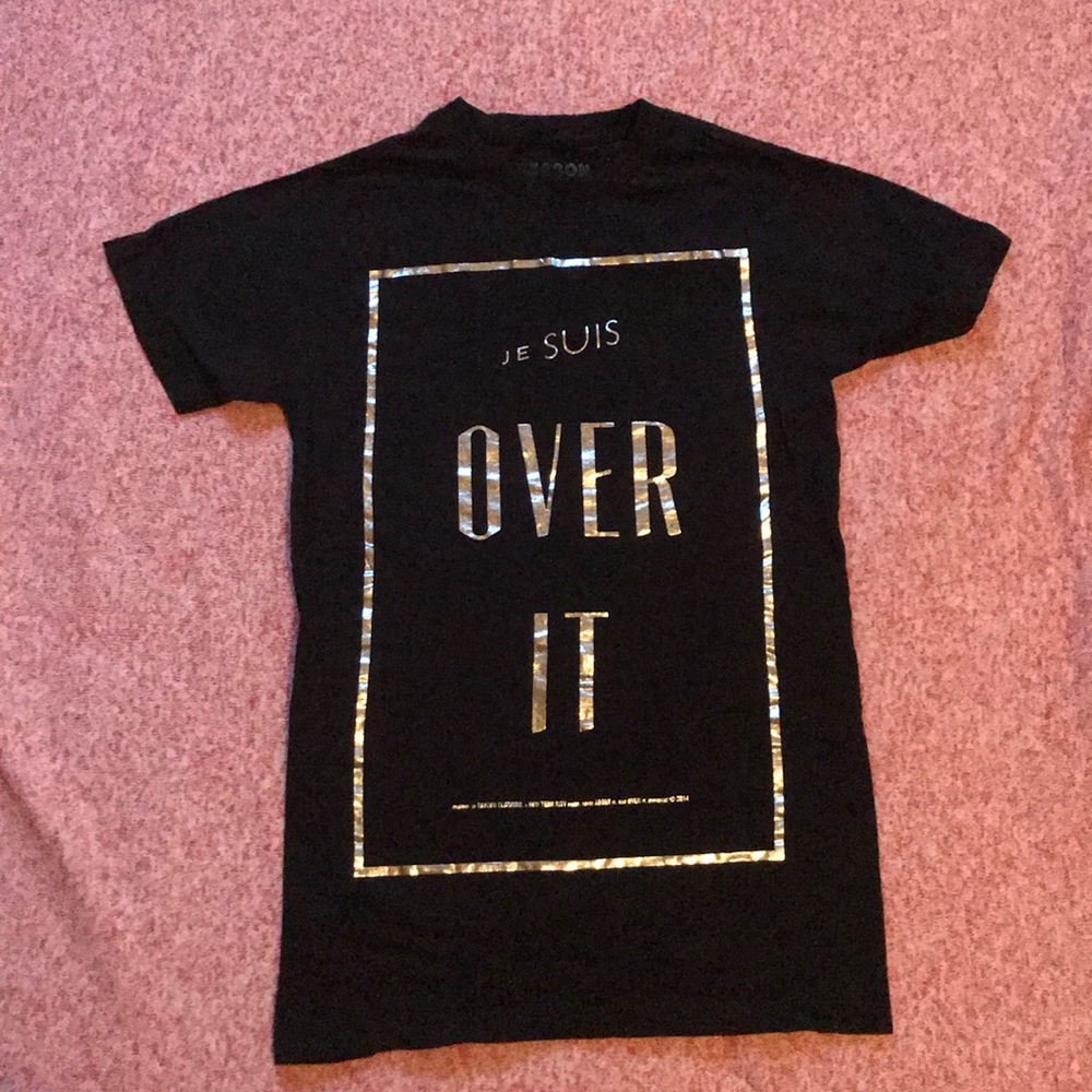 Black t-shirt with silver lettering